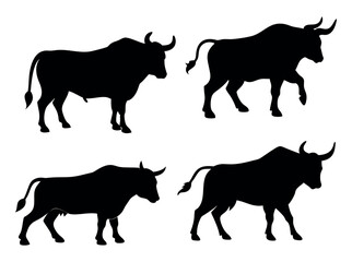 Silhouette Bull Vector, black silhouettes of bulls, each in profile view, against a pure white background, bull, cattle, cow, silhouette, animal, livestock, agriculture, farm, profile view, graphic, v