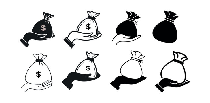 Hand Holding Money Bags in Different Styles,  set of simple black and white illustrations of hands holding money bags, money bag, money sack, hand holding money, financial, business, investment, wealt