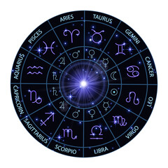 Wheel of twelve signs and zodiac symbol, horoscope, astrology, fortune telling, neon glow, bright translucent background, illustration.