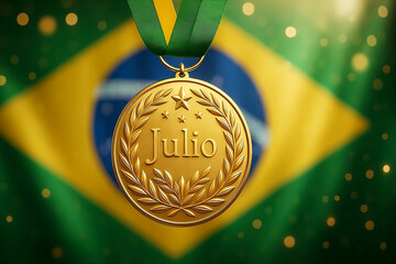 Gold Medal with 'Julio' and Brazilian Flag in the Background