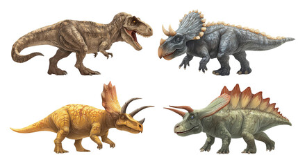 Fototapeta premium Realistic digital painting featuring four dinosaurs, including a tyrannosaurus rex, triceratops, and stegosaurus, facing each other against a transparent background