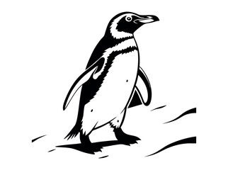 Elegant black and white illustration of a penguin,  Penguin Silhouette on a Glacial Landscape, penguin, silhouette, black and white, bird, wildlife, animal, nature, ice, glacier, outcrop, rocky,  art,