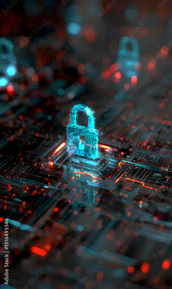 Poster cybersecurity lock glowing on a circuit board representing internet security and data protection tec