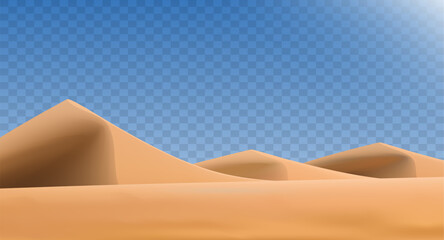 Realistic desert landscape isolated on transparent background. Sandy desert dunes. Vector