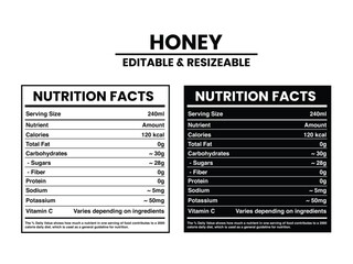 Obraz premium Editable & Resizable Honey Nutrition Facts Label, Nutrition Facts, Nutrition Facts Label Supplement Facts, Nutrition Label vector
