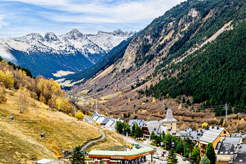Mountains and ski resort Baqueira Beret in the municipality of Alto Aran, Aran Valley, Lerida. Snow in the Pyrenees	