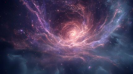 Mystical cosmic spiral radiating starlight through nebulous clouds in a deep purple galaxy landscape