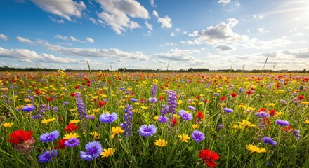 Vivid wildflowers bloom in a meadow beneath a brilliant blue sky with puffy clouds