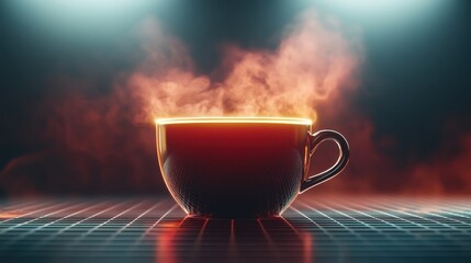 A steaming hot coffee cup radiates warmth and comfort, surrounded by atmospheric smoke, perfect for cozy settings and inspiring moments of relaxation and indulgence.