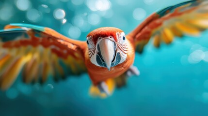 A colorful parrot flying towards the camera in clear blue water, showcasing its vivid plumage and playful nature, symbolizing freedom and beauty in nature.