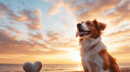 A cheerful dog sitting on the beach at sunset, radiating joy and warmth, capturing the essence of companionship and love in a picturesque natural setting.