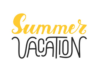 Fototapeta premium Summer Vacation hand-drawn Calligraphy Lettering. Script black yellow text created by hand. Handwritten phrase. Quote for inspiring poster, social media post, project. Elegant and artistic words.