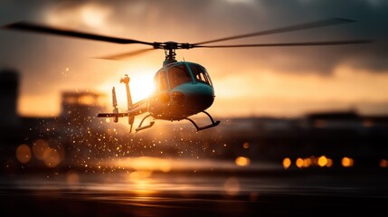 A helicopter hovers in the air, illuminated by the warm glow of a stunning sunset, embodying adventure and freedom in the expansive sky filled with clouds.