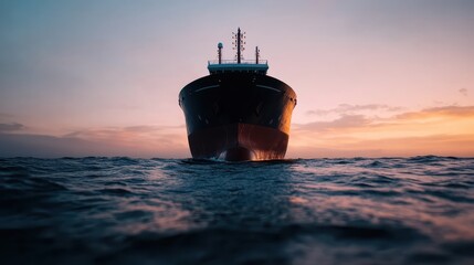 A majestic ship cuts through tranquil ocean waters at sunset, reflecting the colors of the sky while symbolizing exploration and the vastness of sea adventures.