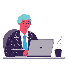Cartoon Businessman Working on Laptop with Coffee Cup on Desk Illustration