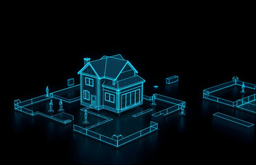 Tech - style Wireframe Model of a House