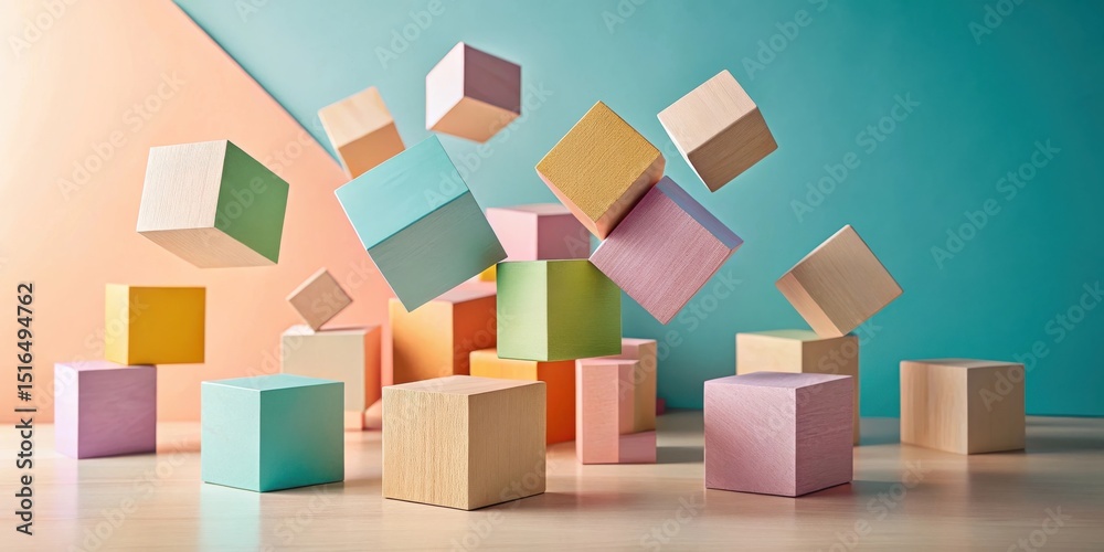 Poster Pastel-colored cubes levitate and rest on a light wood surface against a soft teal and peach background, creating a playful yet sophisticated visual composition.