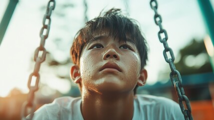 A young boy sits on a swing, lost in thought, with sweat glistening on his face as he looks up at the sky, encapsulating the essence of childhood, emotions, and reflection.