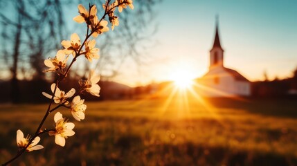 A stunning sunrise casts golden light over a quaint church, surrounded by blooming flowers, embodying a serene and tranquil morning atmosphere in nature.