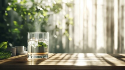 A refreshing beverage with mint and ice sits on a wooden table, illuminated by soft sunlight, evoking a feeling of relaxation and summertime delight.