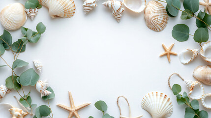 Obraz premium Sand frame with eucalyptus, seashells ,summer background ,Monochromatic off white flat lay,Frame for summer greeting text, Generative ai