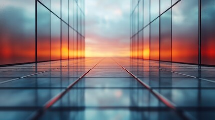A striking architectural perspective showcases a sleek pathway leading to a vibrant horizon, symbolizing potential, innovation, and the journey towards the future.
