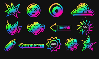 Hologram sicker set with rainbow gradient. Holographic y2k retro label collection.