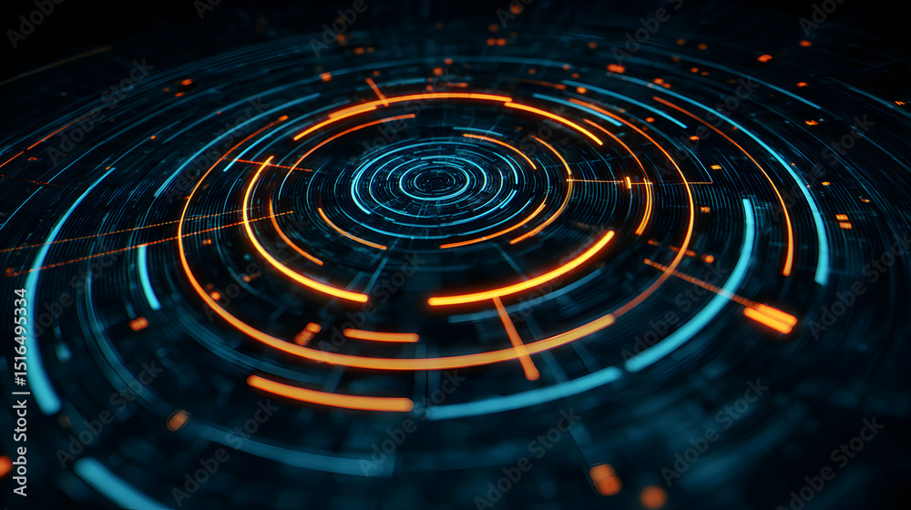 Poster abstract data visualization with glowing circles, digital technology and information transfer concep
