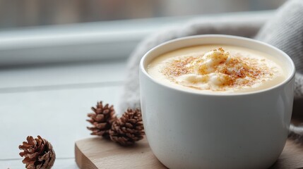A delightful healthy dessert in a cozy setting, topped with cream. The warm and inviting atmosphere is complemented by decorative pine cones on a wooden tray.