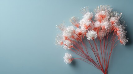 A charming arrangement of delicate flowers with pastel colors creates a refreshing and whimsical look against a soft blue background, embodying beauty and tranquility.