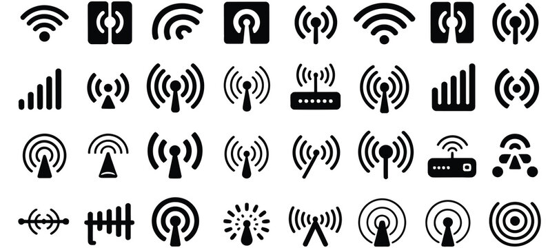 Wireless signal icons set in vector style featuring wifi, antenna, radio, and sound wave symbols, ideal for tech design, communication networks, and audiovisual graphic projects

