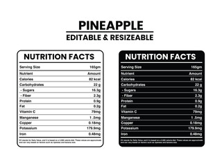 Editable and Resizable Pineapple Nutrition Facts Label, Nutrition Facts, Nutrition Facts Label Supplement Facts, Nutrition Label vector