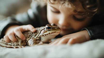A heartwarming scene of a child tenderly holding a frog, emphasizing the bond between humans and animals through this intimate moment of curiosity and wonder in a cozy setting.