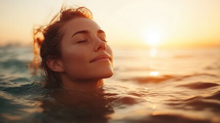 A peaceful moment featuring a woman blissfully swimming in the warm ocean water at sunset, embodying relaxation and a sense of freedom in a beautiful natural landscape.