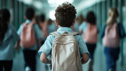 A young child with a pastel backpack joyfully runs down a busy school corridor, symbolizing enthusiasm for learning and the carefree nature of childhood in an educational environment.