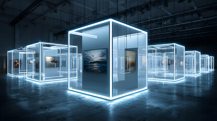 Neon gallery showcasing abstract art in luminous cubes presenting a modern and futuristic exhibition