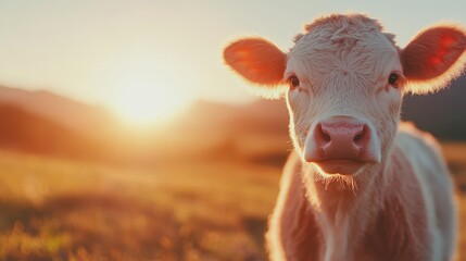 A delightful calf gazes into the camera, basking in the warm glow of a sunset in a serene field, radiating innocence and the beauty of rural life.
