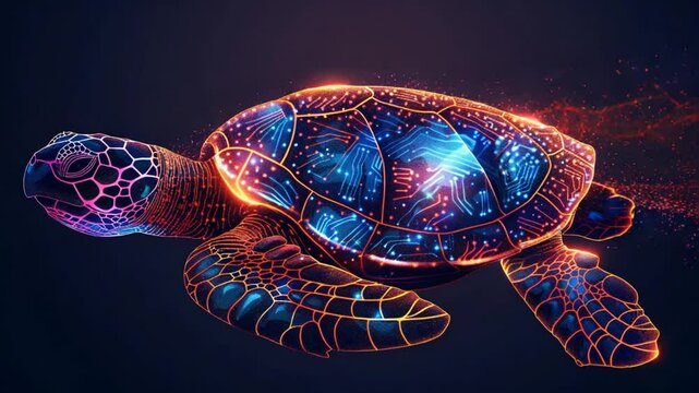 Digital sea turtle swimming animation with glowing circuit pattern on shell design