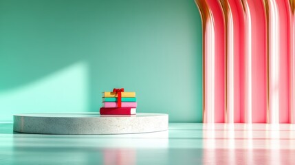 Vibrantly wrapped gifts sit atop a pedestal in a colorful studio, conveying joy and celebration, perfect for capturing festive feelings and artistic creativity.