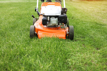 Gardening work tools. Wide angle view of orange electric lawn mower, wheels, motor on bright lush...