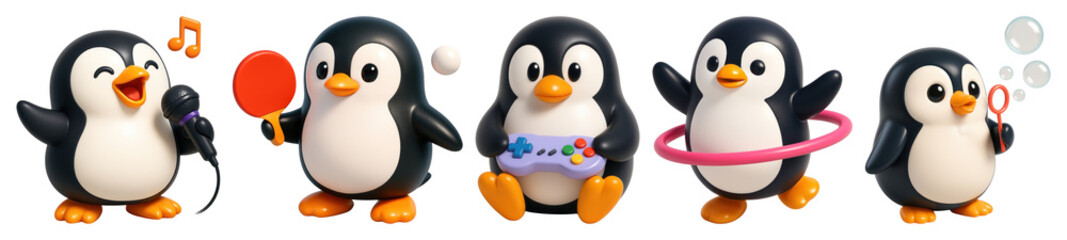 PNG Playful penguins enjoying activities, element set on transparent background