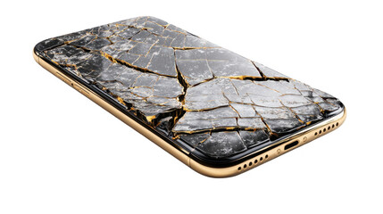 Gold smartphone with cracked screen suggesting resilience, resisting damage, and overcoming challenges, isolated on transparent background, ideal for technology and overcoming adversity concepts