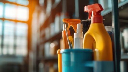 An organized display of colorful cleaning supplies on a shelf, symbolizing cleanliness, efficiency, and the importance of maintaining a tidy and hygienic environment.