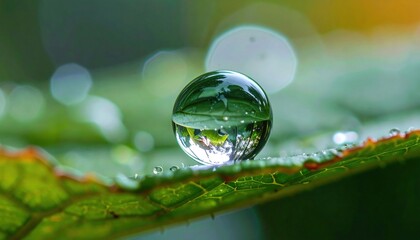 Closeup Water Droplet Reflection On Green Leaf