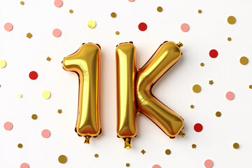 1K subscribers celebration, gold foil balloons, colorful confetti background