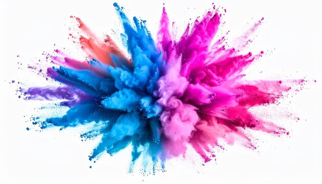 A vibrant burst of powdered paint in mid-air, arranged in a rainbow spectrum, isolated on a white background, ultra-detailed, high-speed photography style, dynamic energy, color explotion