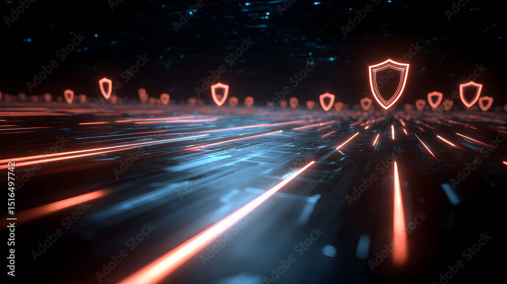 Poster cybersecurity defense system with neon shields protecting data transmission through a secure network