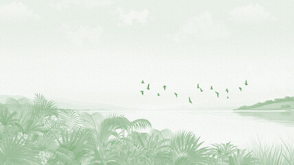 Subtle Island Wall Mural: Light Green Palms, Ocean & Flying Birds Scenery © csinie1