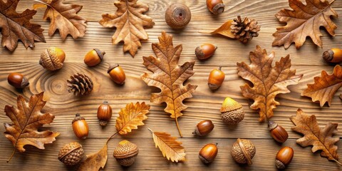 Obraz premium Autumnal arrangement of acorns and oak leaves on a rustic wooden surface