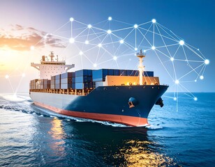 Fototapeta premium Cargo ship at sunrise connected by network